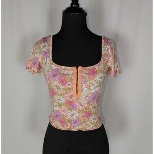 Juniper Blu Top XS Women's Floral Square Neck Short Sleeve Cropped Bohemian